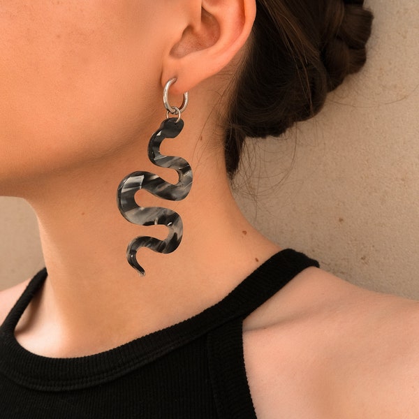 Snake Mono Earring Handmade from Recycled Plastic | Large Single Serpent on Silver Ear Hoop | Minimal, Lightweight, Colourful & Sustainable