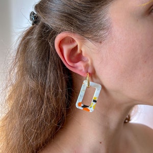 Handmade Earrings from Recycled Plastic Rectangle Shape Minimal, Colourful and Sustainable Medical Grade Sterling Silver & Gold Hoops image 5