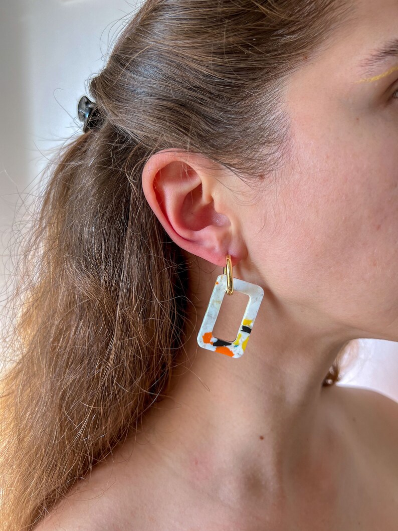 Handmade Earrings from Recycled Plastic Rectangle Shape Minimal, Colourful and Sustainable Medical Grade Sterling Silver & Gold Hoops image 5