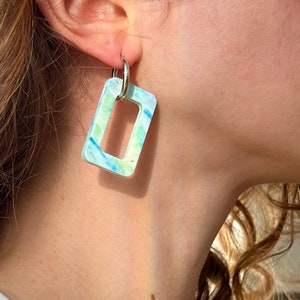 Handmade Earrings from Recycled Plastic Rectangle Shape Minimal, Colourful and Sustainable Medical Grade Sterling Silver & Gold Hoops image 7