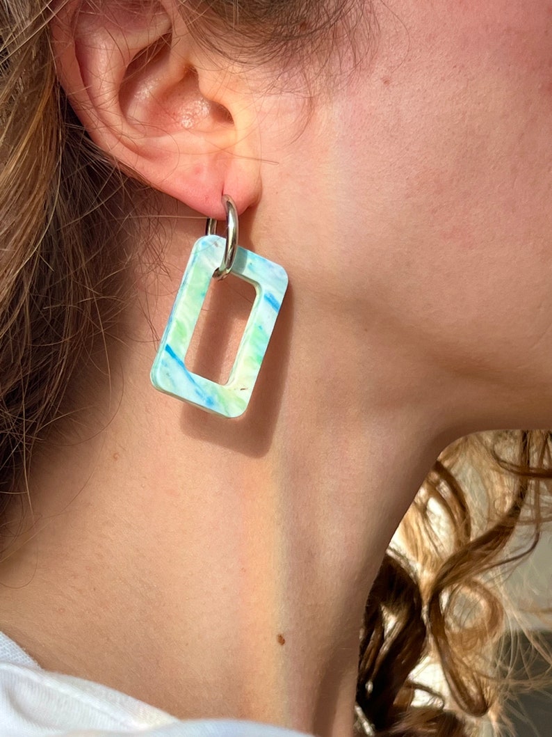 Handmade Earrings from Recycled Plastic Rectangle Shape Minimal, Colourful and Sustainable Medical Grade Sterling Silver & Gold Hoops image 7