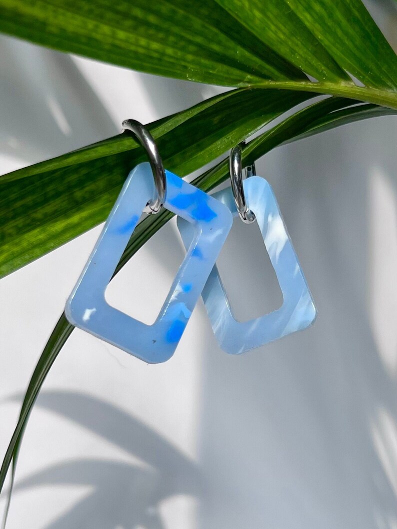 Handmade Earrings from Recycled Plastic Rectangle Shape Minimal, Colourful and Sustainable Medical Grade Sterling Silver & Gold Hoops image 3