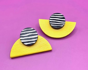Colourful yellow mismatched wooden artist earrings: stripy modern artist studs, abstract geometric semicircle bold statement jewellery