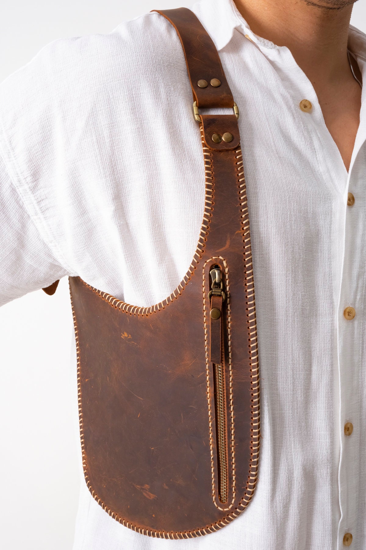 Brown Leather Shoulder Holster Bag, Handmade Adjustable Holster Bag