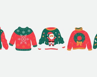 May include: Five red and green Christmas sweaters with different designs. The sweaters have a snowflake, Santa Claus, a wreath, and holly.