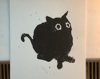 black cat - handmade small A6 lino cut block print