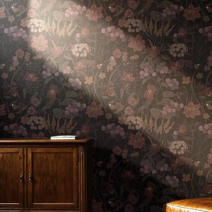 Carta da parati Moody Botanical / Carta da parati Dark Burdgundy Floral per camera da letto e bagno / Carta da parati rimovibile, stacca e attacca, preincollata / Carta da parati Whimsigoth Wildflower Maximalist