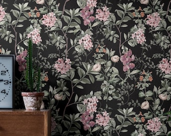 Donker bloementuinbehang | Zwarte bloem slaapkamer badkamer | Verwijderbaar voorgelijmd, voorgelijmd Moody Botanical Aesthetic-behang