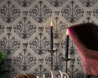 Papel pintado de damasco con calaveras / Beige vintage para dormitorio y baño / Extraíble, despegable, prepegado / Papel pintado gótico victoriano oscuro de la academia