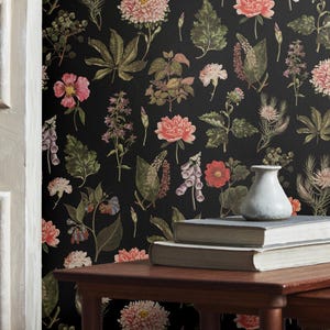 Dark Witchy Botanical Wallpaper | Vintage Wildflower Bedroom Bathroom | Peel and Stick or Prepasted | Whimsical Cottagecore Floral Wallpaper