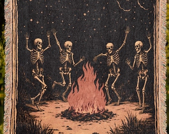 Campfire Skeletons Woven Blanket | Dark Celestial Witchy Esoteric Aesthetic Tapestry Throw Blanket | Picnic Camping Beach Decoration Gift
