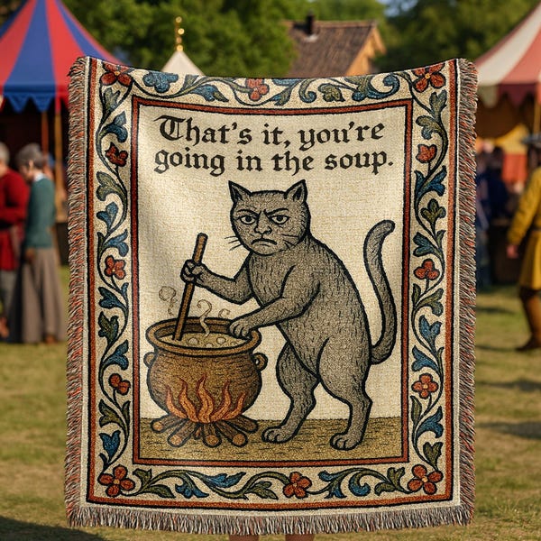 Tapiz tejido de gato medieval extraño / Manta mágica divertida y peculiar / Regalo de decoración para el hogar de estilo vintage de brujas y libros / Te vas a meter en la sopa