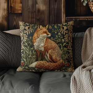Vintage Fox Decorative Throw Pillow | Rustic Woodland Cottagecore Morris Inspired Woven Cushion Set | Antique Farmhouse Country Home Decor