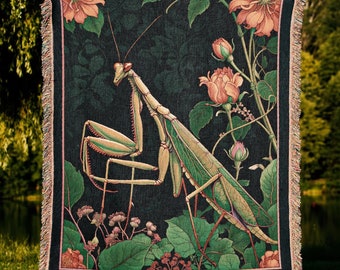 Vintage Mantis Woven Blanket Tapestry | Floral Cottagecore Whimsigoth Aesthetic Tapestry Throw Blanket | Forest Antique Home Decoration Gift