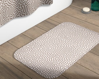 Maze Boho Bath Mat | Non Slip Microfiber Memory Foam | Beige Neutral Bathroom Decor | Earthy Minimalist Lines Bathmat