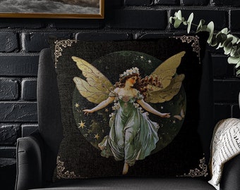 Vintage Fairy Decorative Throw Pillow | Dark Victorian Goth Mystical Ethereal Celestial Cushion Set | Fairycore Dark Academia Home Decor