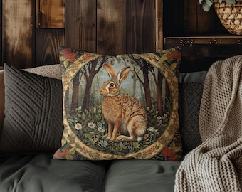 Waldhase dekoratives Dekokissen | Rustikales Wald Cottagecore Kaninchen gewebte Kissen-Set | Vintage botanische Bauernhaus Dekor