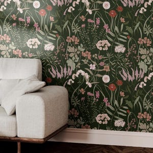 Dark Green Botanical Wallpaper | Vintage Wildflower Bedroom Bathroom | Removable Peel Stick, Prepasted | Country Cottage Floral Maximalist