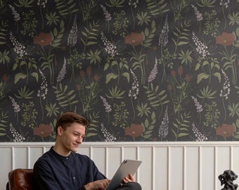 Sfeervol botanisch behang | Zwarte bloemen badkamer slaapkamer | Verwijderbaar, peel-and-stick, voorgelijmd | Donkere maximalistische grillige wilde bloem