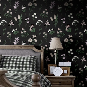 Black Wildflower Wallpaper | Vintage Floral Bedroom Bathroom | Removable Peel and Stick Prepasted | Moody Dark Botanical Country Wallpaper