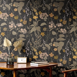 Earthy Muted Botanical Wallpaper | Moody Vintage Floral Bedroom Bathroom | Peel and Stick or Prepasted | Dark Academia Wildflower Maximalist