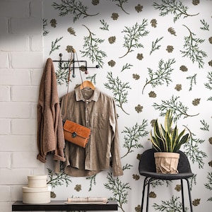 Carta da parati con pigne bianche e verdi / Bagno e camera da letto con foresta vintage / Rimovibile, staccabile, preincollata / Carta da parati con motivo bohémien country