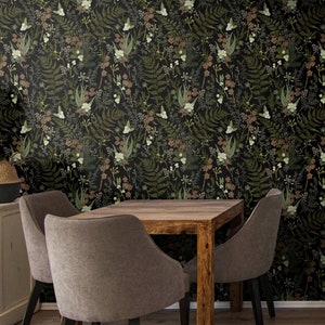 Stimmungsvolle botanische Tapete | Statement Wandbehang | Abnehmbares Peel and Stick Vorgeklebte Maximalistische Waldfarn-Tapete