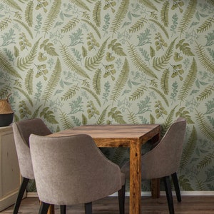 Green Botanical Wallpaper | Vintage Plants Bedroom Bathroom Accent Wall | Removable, Peel and Stick, Prepasted | Fern Leaves Cottagecore