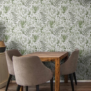Grüne Waldtapete | Vintage Wald Schlafzimmer Badezimmer Statement Wand | Abnehmbarer Peel and Stick Vorgeklebter Boho Botanical Cottagecore