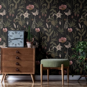 Moody Botanical Wallpaper | Vintage Muted Floral Bedroom Bathroom | Removable Peel Stick, Prepasted | Dark Academia Wildflower Maximalist