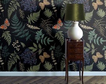 Moody Black Botanical Wallpaper Dark Butterfly Cottagecore Bedroom Bathroom | Removable Peel Stick | Vintage Forest Wildflower Wallpaper