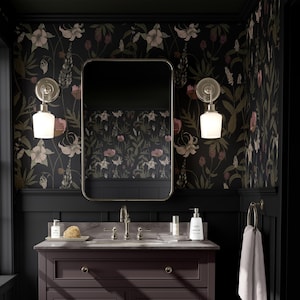 Carta da parati Moody Botanical / Vintage Floral Tenue Camera da letto Bagno / Carta da parati staccabile, preincollata / Dark Academia Wildflower Maximalist