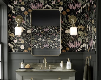 Dark Botanical Wallpaper | Vintage Wildflower Bedroom Bathroom | Removable Peel Stick, Prepasted | Moody Black Floral Whimsigoth Maximalist