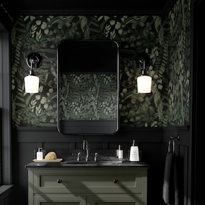 Botanical Dark Green Wallpaper | Moody Foliage Bathroom Bedroom | Peel and Stick, Prepasted | Maximalist Forest Fern Leaf Walpaper