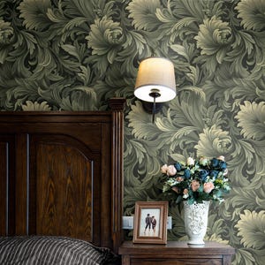 グリーンのヴィンテージ壁紙 | ダークアンティークビクトリアン・アールヌーボー調の寝室・バスルーム | 剥がして貼るだけ、糊付き | 大胆なバロック調の葉っぱの壁紙