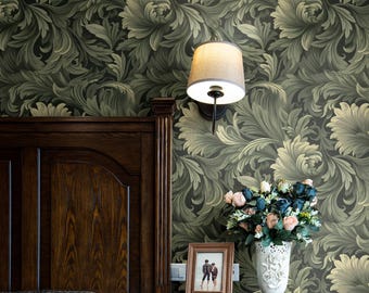 Green Vintage Wallpaper | Dark Antique Victorian Art Nouveau Bedroom Bathroom | Peel and Stick, Prepasted | Bold Baroque Leaf Wallpaper