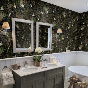 Moody Botanical Wallpaper | Dark Green Forest Statement Wall | Removable Peel and Stick Prepasted Black Maximalist Woodland Fern Wallpaper