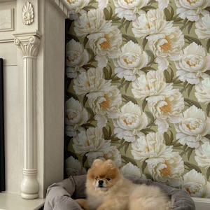 White Peony Floral Wallpaper | Sage Green Victorian Antique Bedroom Bathroom | Removable Peel and Stick Prepasted Vintage Flowers Wallpaper