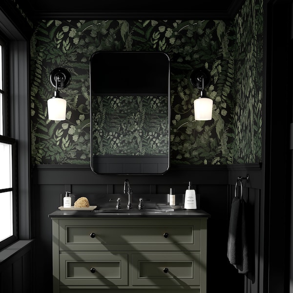 Botanical Dark Green Wallpaper | Moody Foliage Bathroom Bedroom | Peel and Stick, Prepasted | Maximalist Forest Fern Leaf Walpaper