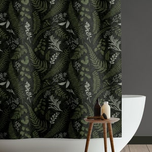 Black Fern Shower Curtain | Moody Dark Academia Bathtub Curtain | Vintage Botanical Green Forest Bathroom Decor