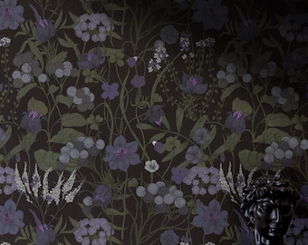 Moody Botanical Wallpaper | Dark Indigo Blue Vintage Maximalist Bathroom Bedroom | Peel and Stick Black Whimsigoth Wildflower Wallpaper