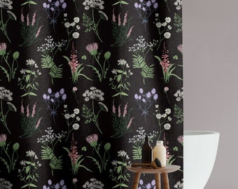 Black Wildflower Shower Curtain | Moody Botanical Bathroom Decor | Dark Vintage Floral Bathtub Curtain