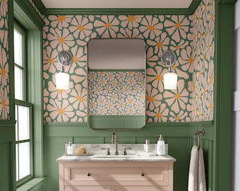 Funky Daisy Wallpaper | Aesthetic 60s 70s Retro Green Orange Decor | Removable Peel Stick, Prepasted | Botanical Floral Bedroom Bathroom