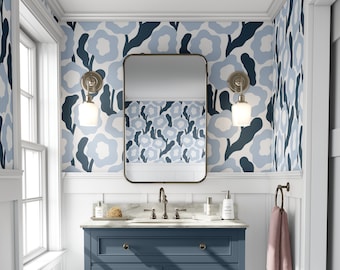 Blue Funky Floral Wallpaper 60s 70s Retro Bathroom | Removable Peel and Stick Prepasted Nursery Flowers Botanical Wallpaper