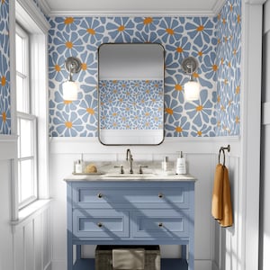 Funky Blue Daisy Tapete | 60er 70er Jahre Retro Matisse Dekor | Abnehmbarer Peel Stick, Vorgeklebt | Blumenkindergarten