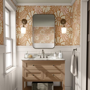 Carta da parati retrò con margherite funky / Camera da letto e bagno con motivi floreali audaci / Rimovibile, staccabile / Estetica anni '60 e '70, arancione botanico, moderno di metà secolo
