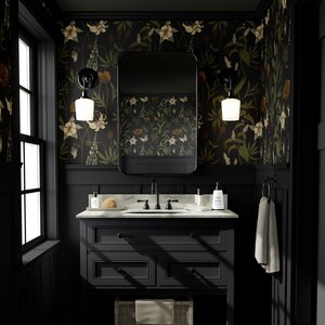 Carta da parati Moody Botanical / Camera da letto e bagno Cottagecore Wildflower / Carta da parati adesiva rimovibile, preincollata / Floral Maximalist Dark Academia