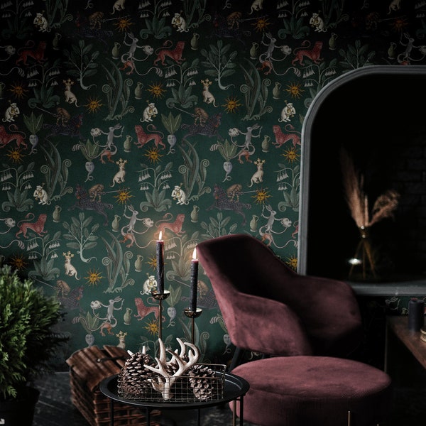 Weird Medieval Wallpaper | Moody Dark Green Bedroom Bathroom | Removable, Peel and Stick, Prepasted | Esoteric Botanical Whimsigoth Cats
