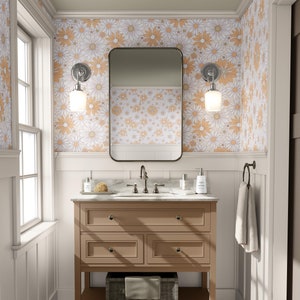 Carta da parati floreale retrò / Camera da letto e bagno con margherite anni '60 e '70 / Rimovibile, staccabile e attaccabile, preincollabile / Decorazione beige botanica boho funky
