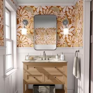Carta da parati floreale retrò / Parete decorativa per camera da letto e bagno arancione funky / Carta da parati rimovibile staccabile e attaccabile / Carta da parati botanica con margherite anni '60 e '70, stile Mid-Century Modern